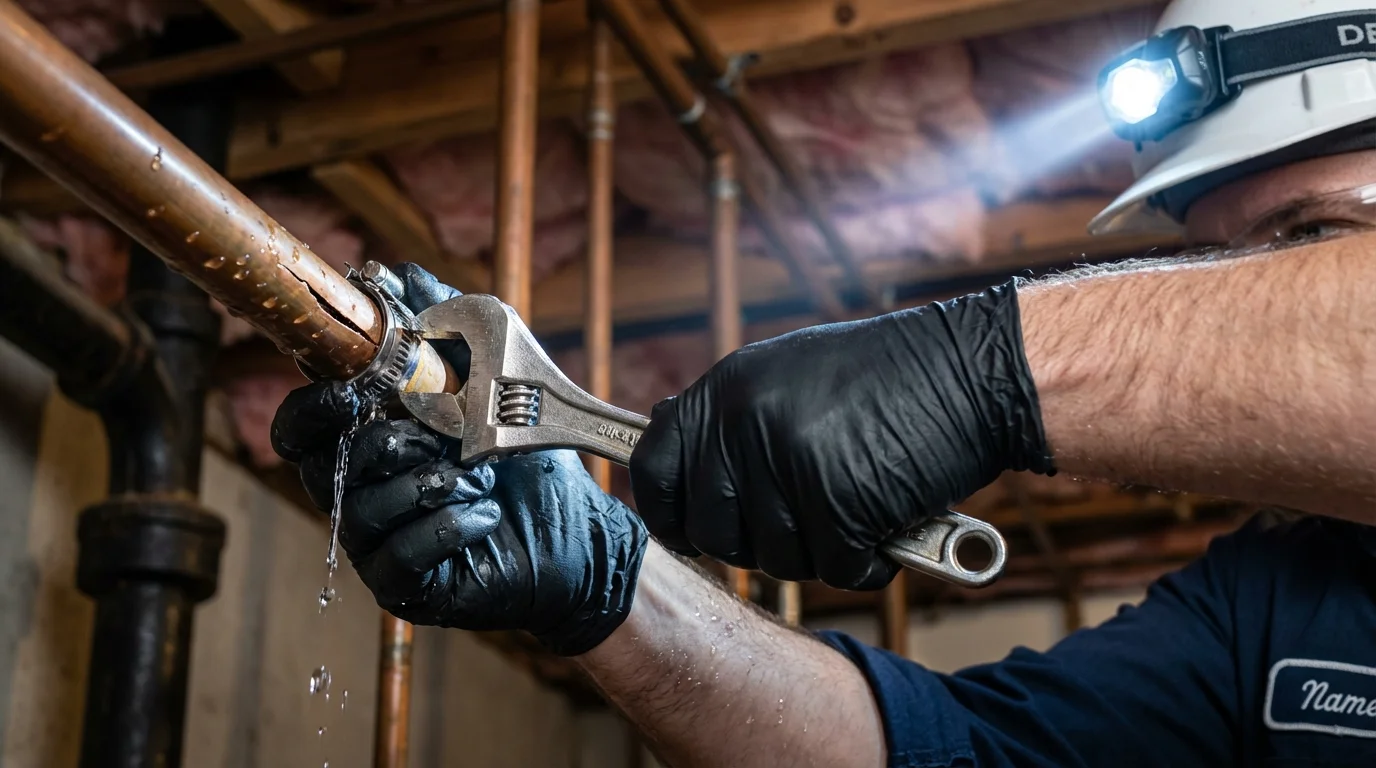 Emergency pipe clamp repair being performed by a Johns Plumbing LLC plumber in Rathdrum